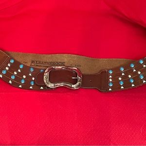 Leatherock Genuine Leather Wide Belt /With Silver Tone Studs & Turquoise Accents